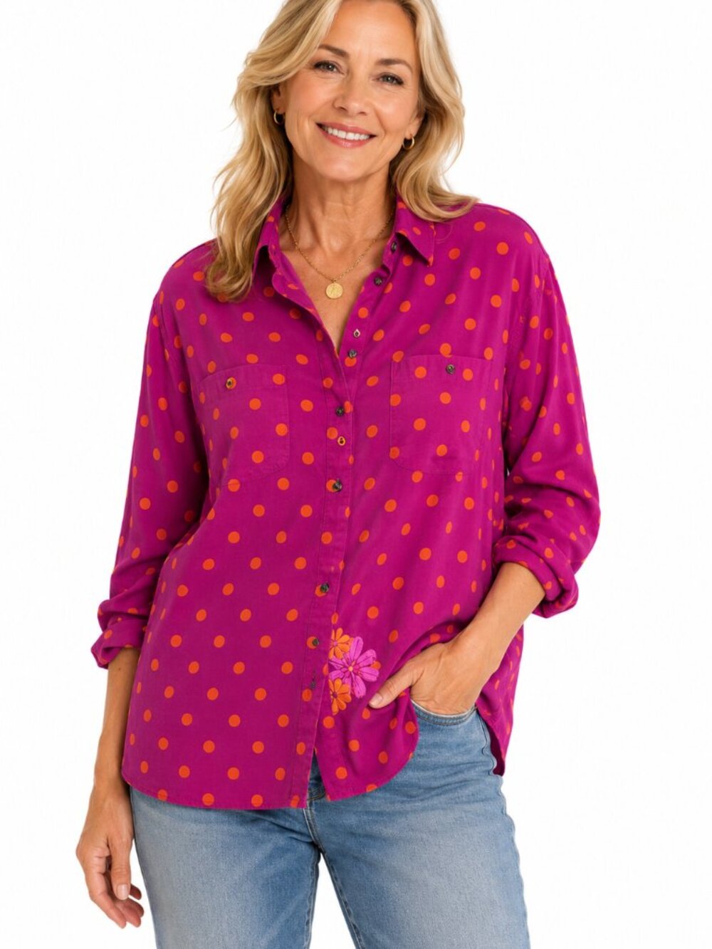 JC Penney Womens Pink & Orange Polka Dot Top w/ Floral Embroidery Button Down 1X